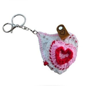 Hand Crafted Crochet Heart keychain Pink Bow Cancer Support Pin Zipper pull art